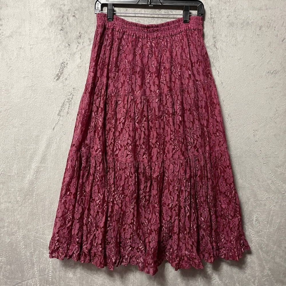 Vintage Sue Brett Small Burgundy Floral Lace Tiered Midi Skirt Boho Romantic